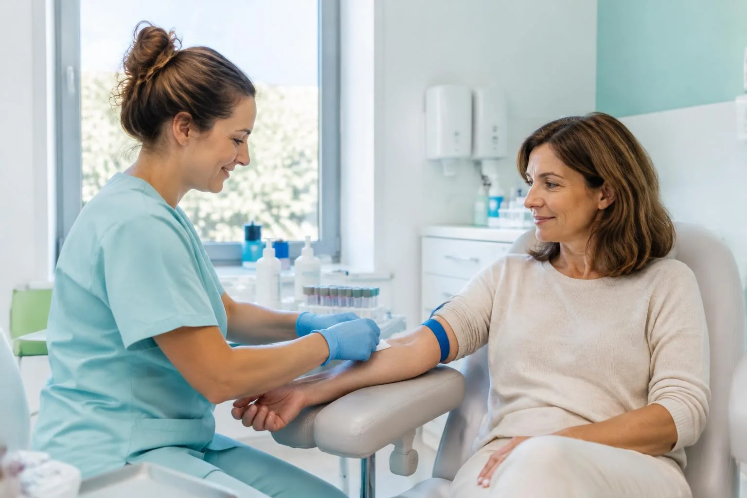 Une infirmière réalise un prélèvement au bras d’une adulte détendue dans un laboratoire clair