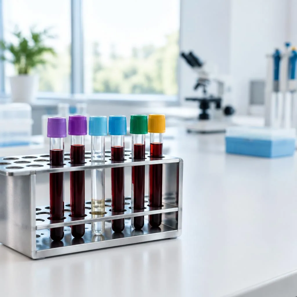 Tubes de prélèvement sanguin alignés dans un portoir en inox sur une paillasse de laboratoire